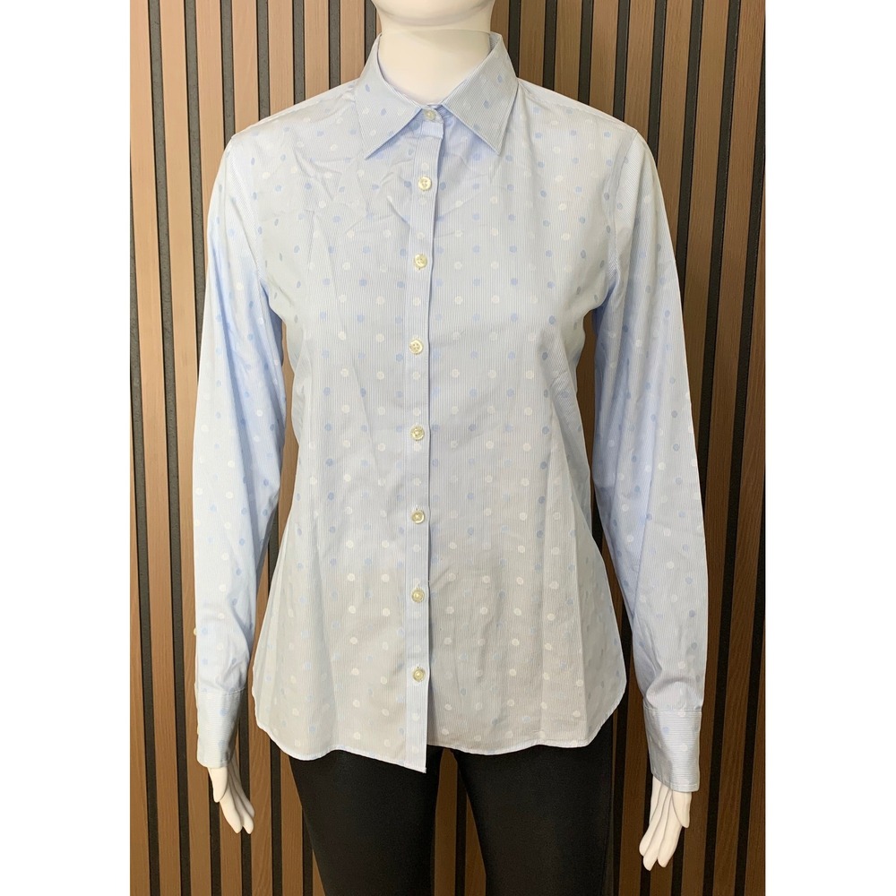 Lands' End Women's Light Blue Striped Polka Dot Button Down Shirt Size 2 Cotton